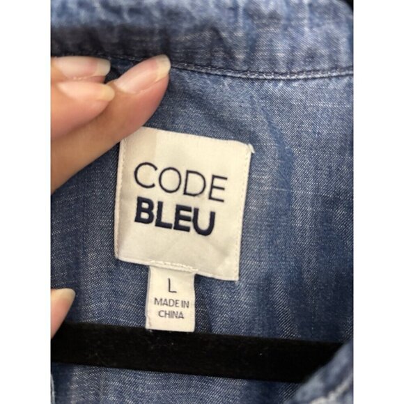 Code Bleu Denim Shirt Embroidered Collared Women Large Roll Tab Sleeve - Picture 4 of 9